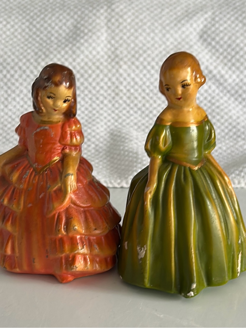 Source Unknown Orange and Green Vintage Ceramic Lady Figurines